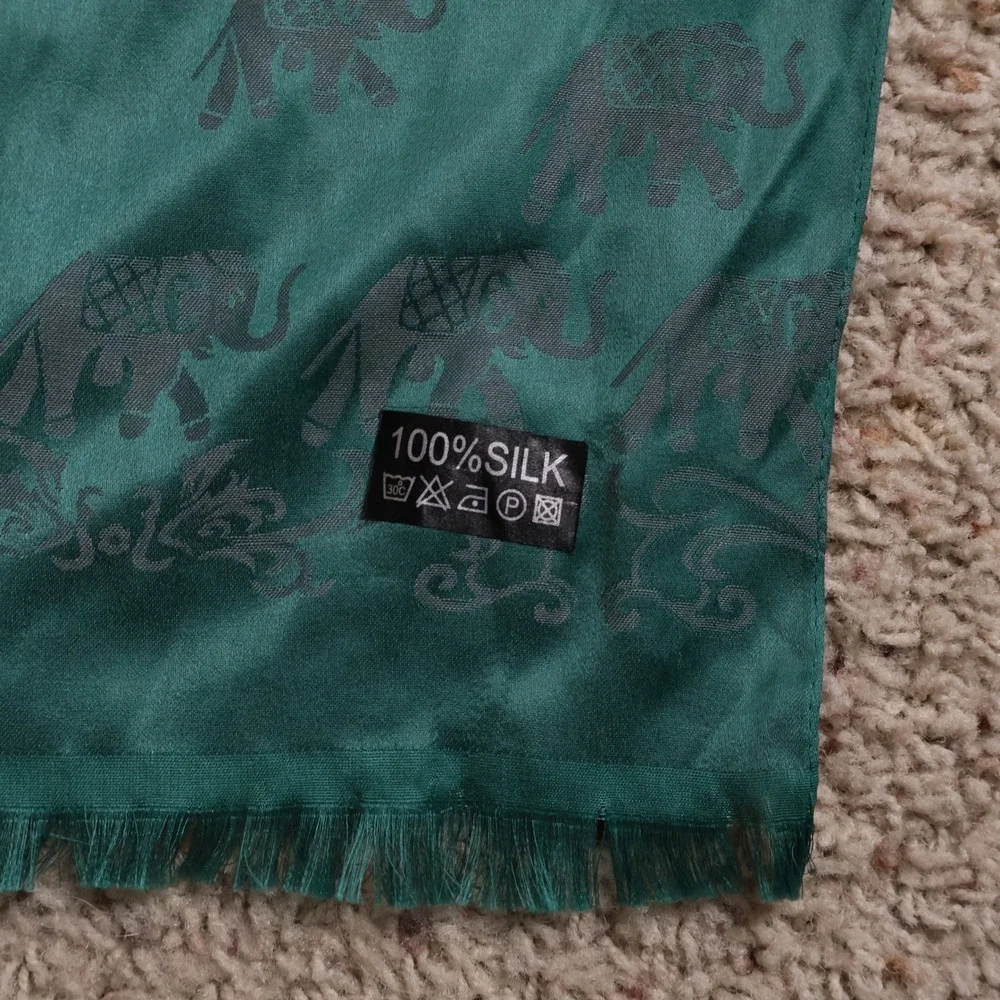 100% Silk Elephant Print Scarf Teal Green Fringed Long Wrap Shawl 70x27